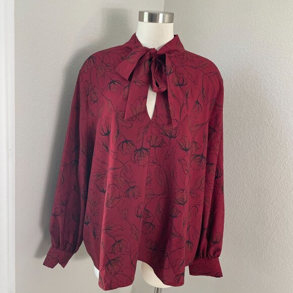 Nordstrom Tops - Nordstrom Womens Plus 3X Red Floral Tie Neck Blouse Long Sleeve‎ Shirt Top